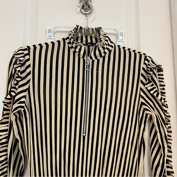 Zara Beige/Black Striped Ruffle Front Split Dress. - Picture 4 of 9
